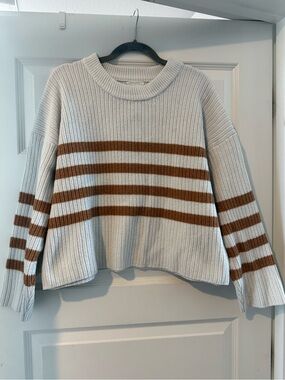 Crewneck Striped Sweater in Cream and Brown